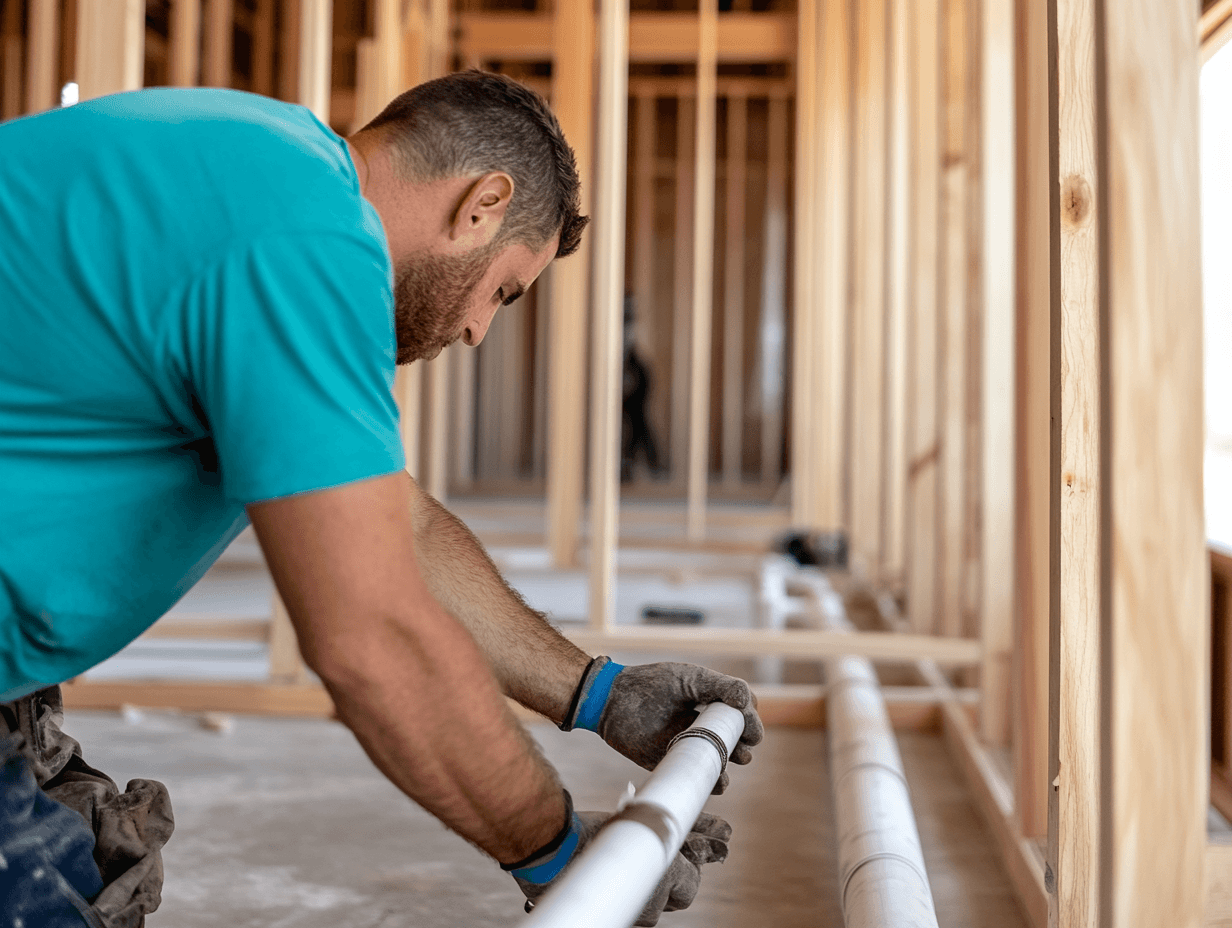 Plumbing installation in progress at a new home construction site