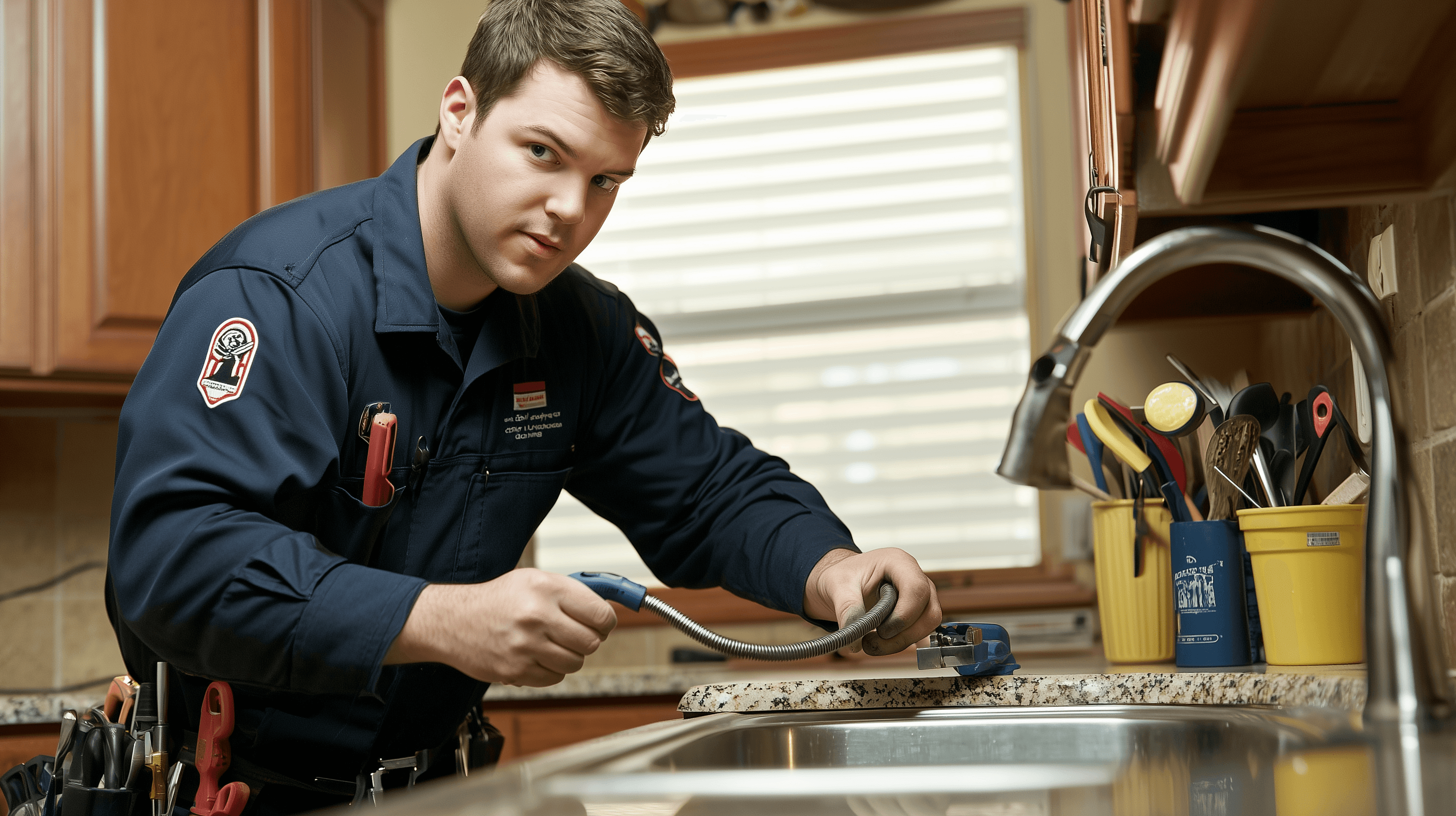 Plumber responding to an emergency call, unclogging a kitchen sink